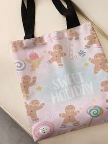 1pc Random Christmas Print Canvas Tote Bag, Large Capacity Hand‑Held Shoulder Bag,Reusable Shopping Bag For Music Festival Party Daily Packing Books - Pink - View 8