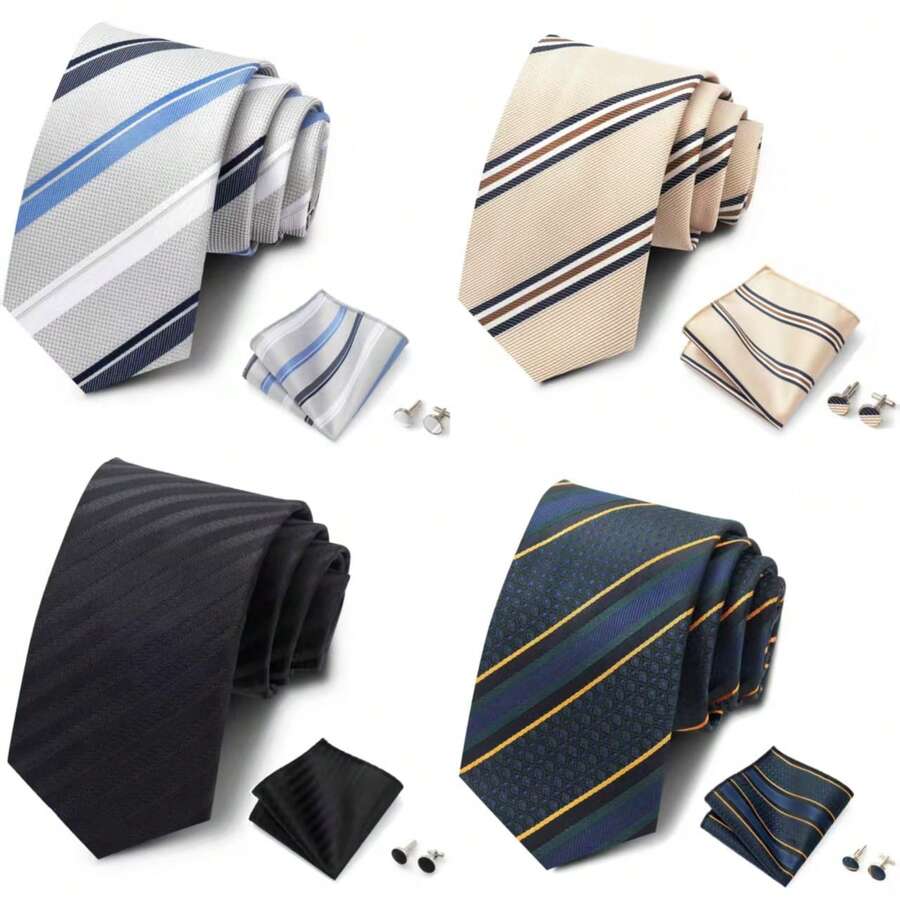 AlanKing Men's Striped Tie, Pocket Square And Cufflinks 3-Piece Set, Versatile Fashion Accessory For Business, Party, Banquet And Casual Outings - Multicolor - View 1