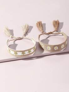 2pcs/Set Girls Fresh Daisy Flower Woven Bracelet Set Combination Suitable For Daily Decoration - Multicolor - View 5