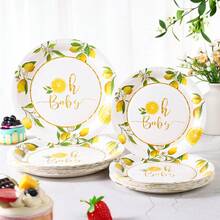 10/25pcs 7/9 Inch Lemon Print Pattern Disposable Paper Plates, Lemon Disposable Party Plates, Party Decoration, Disposable Party Supplies, Birthday Party, Gift Party, Celebration Decoration Disposable Plate Supplies - Multicolor - View 1