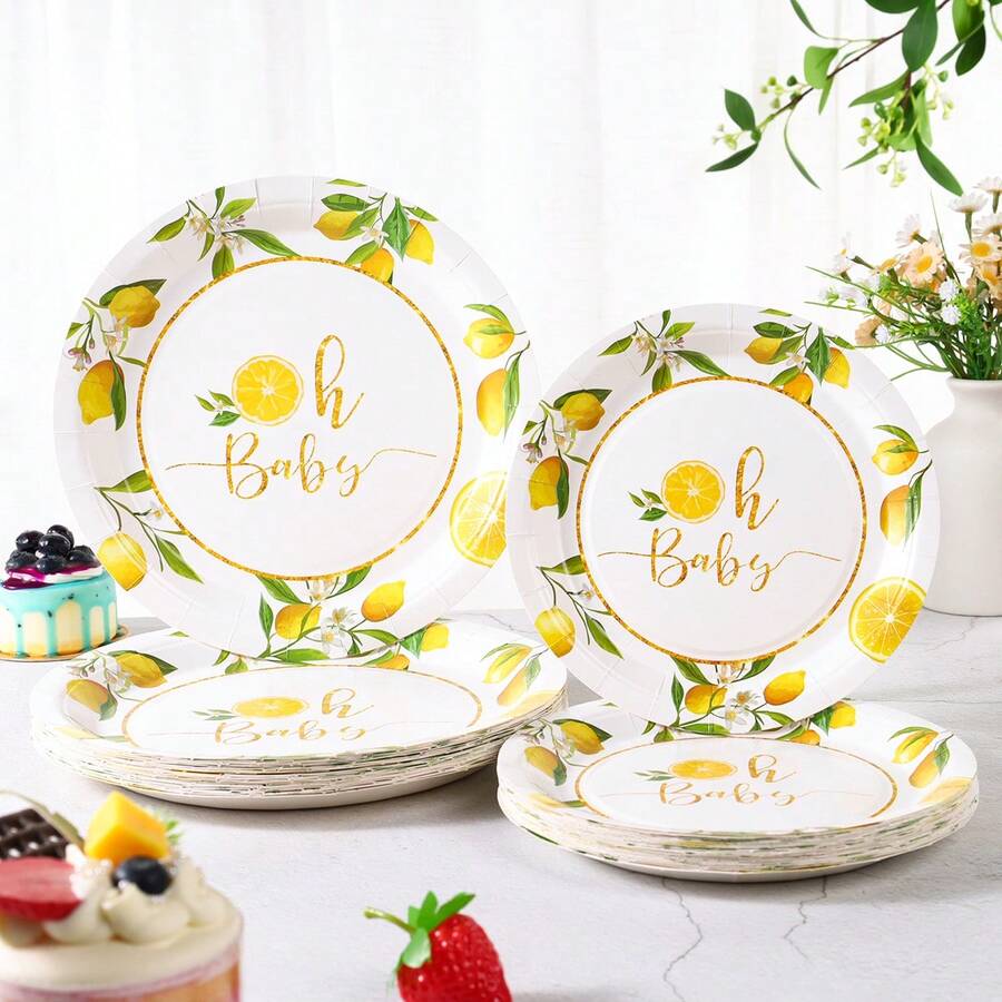 10/25pcs 7/9 Inch Lemon Print Pattern Disposable Paper Plates, Lemon Disposable Party Plates, Party Decoration, Disposable Party Supplies, Birthday Party, Gift Party, Celebration Decoration Disposable Plate Supplies - Multicolor - View 1