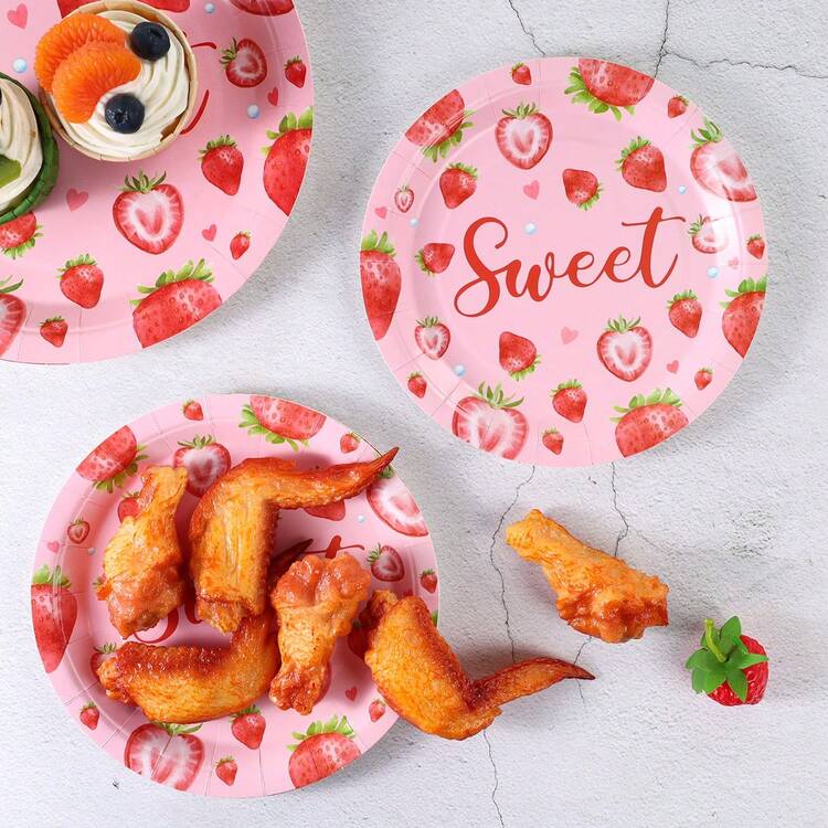 7/9 Inch Strawberry Series Printed Disposable Paper Plates, Floral Strawberry Disposable Party Plates, Party Decorations, Disposable Party Supplies, Birthday Party, Gift Party, Celebration Disposable Tableware - Sweet Strawberry - View 5