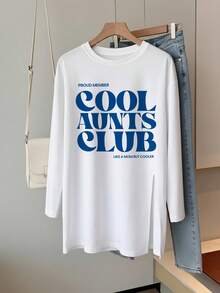 Niche Funny English Slogan Print Long T-Shirt With Side Slit Design, Loose Slouchy, Daily Wear Long Sleeve Autumn Top - White - View 4
