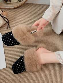 Women's Polka Dot Plush Square Toe Closed Toe Fuzzy Mule Slippers, Retro Round Dot Outdoor Wear Fuzzy Slippers, Autumn/Winter Home - Black - View 7