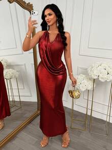 Women's Elegant Autumn Burgundy Metallic Fitted Halter Backless Slit Dress, Bodycon Long Dress, Suitable For Evening Party, Nightclub, Outing And Holiday Occasions, Christmas, New Year - Burgundy - View 8