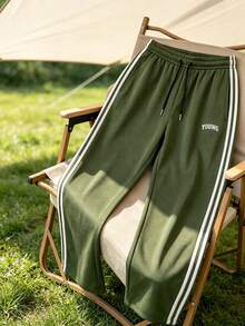 Men's Black Casual Pants With White Side Stripes, Summer Thin Breathable Quick-Dry Non-Clinging Straight Leg Pants, Elastic Waist Loose Fit Slimming Sports Long Pants, Suitable For Work, Commute, Street, Travel, Fitness, Running, Home Leisure - Army Green - View 1