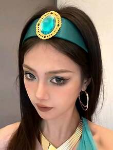 1pc Elegant Princess Style Wide Headband, Embellished With Emerald Zirconia, Suitable For Photography, Vintage Solid Color Casual Daily Hair Accessory - Green - View 4