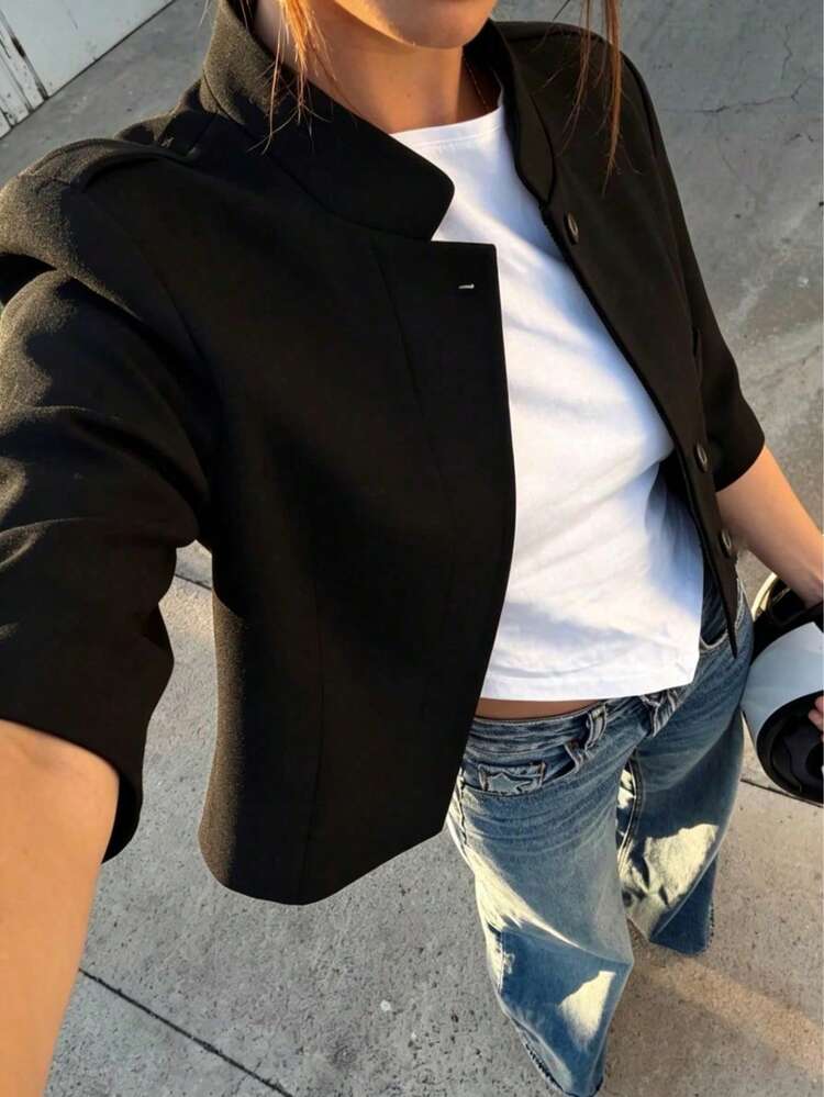 Seelio Spring/Summer New Arrival Women's Fashion Minimalist Versatile Short Sleeve Cropped Blazer Black - Black - View 2