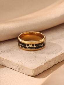 18k Gold Plated Inlay Black Carbon Fiber EKG Heartbeat Ring,Men's Stainless Steel 8mm Ring, Wedding Band,Engagement Ring, Jewelry Unique Gift - 1 - View 2