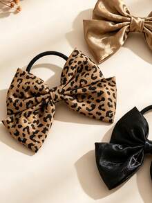 3pcs Autumn Leopard Print Satin Bow Hair Ties,Shiny Fabric Ponytail Scrunchies,Vintage Hair Accessories For Girls Daily Wear & Autumn Winter Gifts - Multicolor - View 6