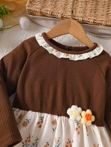 Young Girls Autumn/Winter 2 In 1 Ruffle Collar Floral Decor Knitted Patchwork Ditsy Floral Princess Dress - Khaki - View 4