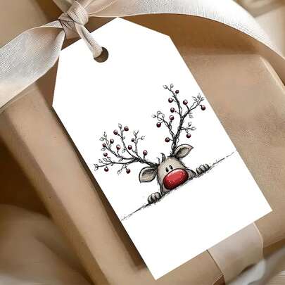 25/50 Pcs Pack Hand-Drawn Reindeer Gift Tags With Berry Antlers & Hemp Rope, Suitable For Christmas Wrapping Paper, Festive Present Tags, Berry Decorations, Paper Labels For Packages, Cozy Berry Antler Design For Holiday Favors