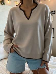 女款 Y2K 不規則 V 領撞色蕾絲領薄針織上衣，簡約百搭寬鬆長袖打底衫，適合春夏/秋冬休閒通勤穿搭 - 杏色 - 查看 6