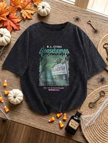 Plus Size Women's Horror Park Halloween Print Crew Neck Short Sleeve Casual T-Shirt, Spring Summer Autumn Everyday Top - Black - View 3