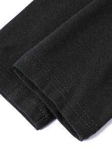 Design-Focused Ruched Waist Letter Print Asymmetric Neckline Knit T-Shirt, Unique Elegant Casual Travel Vacation - Black - View 6