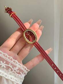 復古橢圓形女款石英手錶，紅色錶盤配紅色PU錶帶，極簡錶盤刻度，完美日常禮物 - 紅色 - 查看 2