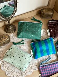 Cotton Zipper Storage Pouch, Plaid & Polka Dots Cosmetic Bag, Portable Travel Organizer Bag For Cables, Earbuds, Chargers, Makeup Small Accessories - Multicolor - View 3