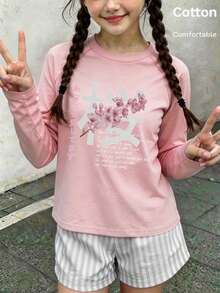 Autumn Girls Long Sleeve Tee With Pink Cherry Blossom Print And Japanese Text, Round Neck Raglan Sleeve, Light Purple - Baby Pink - View 1