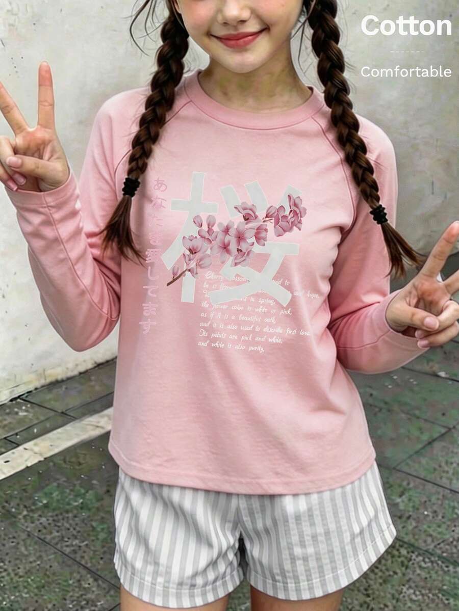 Autumn Girls Long Sleeve Tee With Pink Cherry Blossom Print And Japanese Text, Round Neck Raglan Sleeve, Light Purple - Baby Pink - View 1