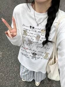 Women's Round Neck Long Sleeve T-Shirt, Spring/Autumn New Puppy Pattern & Letter Print, Fashion Casual Versatile Loose Top - White - View 2