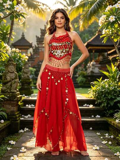 Coin Sequin Halter Crop Top Coin Tassel Chiffon Full Flare Dance Long Skirt Belly Dance Stage Performance Outfit, Multiple Colors Available