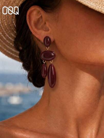 OOQ 1 par de pendientes largos de resina geométrica con borlas de esmalte burdeos, estilo minimalista vintage, estilo Y2K, elegantes, simples, exagerados y versátiles para mujer, adecuados para uso diario, fiestas, reuniones, desplazamientos y citas