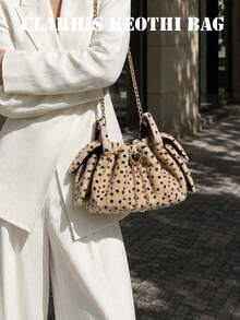 Shoulder Bag With Personalized Polka Dot Pattern, Heart Hardware Accent, Soft Plush Material, Practical Storage With Drawstring Closure, Versatile Chain Bag For Daily Shopping, Travel, Commute, Atmosphere Crossbody Bag - Beige - View 4