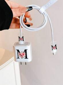 極簡花卉蘋果充電器蝴蝶結造型保護套，適用 20W Apple 15 充電線保護套、16 Pro Max 手機數據線保護套、13/14 Plus 保護殼，防斷裂、防貓咬 - 繁花黑字母-M - 查看 3