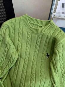 Autumn/Winter Embroidered Crew Neck Cable Knit Sweater, Loose Fit Cardigan For Women Fall - Green - View 4