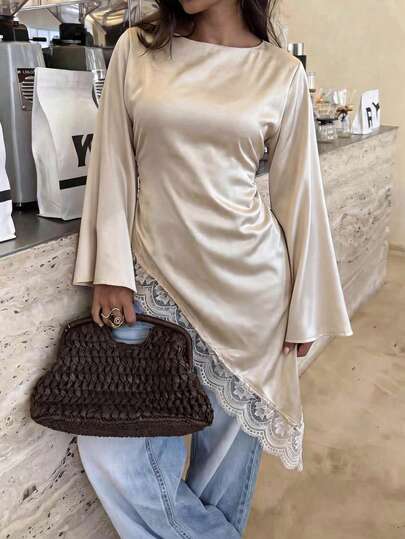 Unadoll Women Fall Winter Cream Satin Elegant Modest Tunic Top, Flare Sleeve Asymmetrical Lace Trim Long Blouse For Back