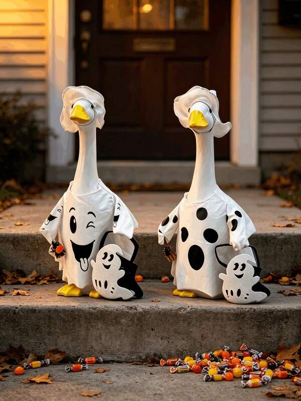 1 Set Halloween Porch Goose Costume, 23 Inch Porch Goose Halloween Costume, Ghost Outfit, Ghost Witch Hat, Small Broom, Ghost Pouch, Suitable For Yard Decoration, Porch Arrangement, Halloween Holiday Costume, Home Scene Decoration, Holiday Party Backdrop (Goose Statue Not Included), Halloween Decoration, Halloween Home Decor, Porch Goose Costume, Porch Goose Ornament