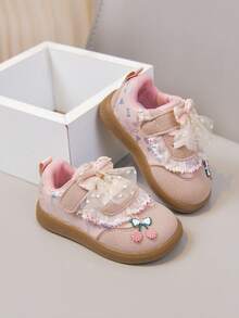 Girls Style First Walker Shoes, Lace Mesh Large Bow Soft Sole Hook And Loop Baby Shoes - Pink - View 3