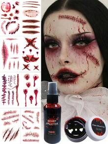 Halloween Makeup Prank Party Blood Paste Tattoo Ink Fake Scar Making Non-Drip Fake Blood + Halloween Red Scar Stitching Blood Hole Pattern Tattoo Sticker Set - Red - View 1