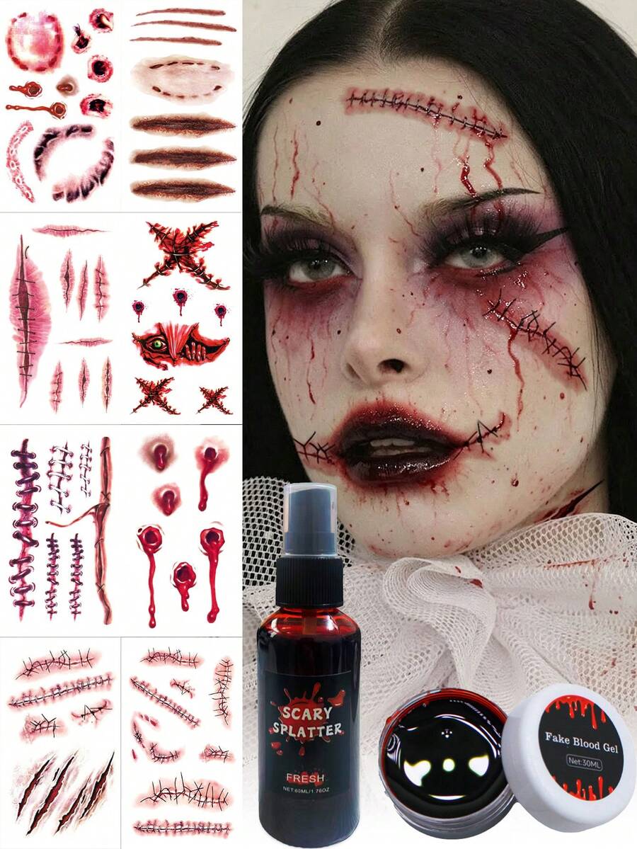 Halloween Makeup Prank Party Blood Paste Tattoo Ink Fake Scar Making Non-Drip Fake Blood + Halloween Red Scar Stitching Blood Hole Pattern Tattoo Sticker Set - Red - View 1