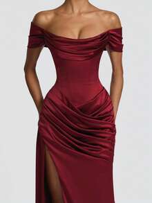 Elegant Women's Off-Shoulder Pleated Fashion Slit Dress - Burgundy - View 7