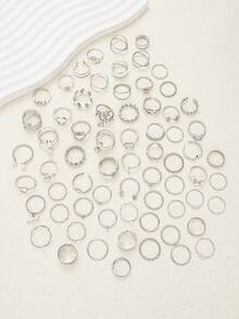 Random 68pcs/46pcs/22pcs Minimalist Fashion Casual Elegant Faux Pearl Irregular Twisted Geometric Leaf Butterfly Flower Ring Set For Women, Dating, Vacation, Daily Wear, Party, Anniversary, Holiday Gift - Silver - View 5
