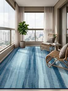 1PC Watercolor Gradient Blue Vertical Stripe Area Rug, Modern Art Style Faux Cashmere Rectangular Asymmetrical Brushstroke Texture Machine Washable Mat, Suitable For Living Room Bedroom Study Home Decor - Multicolor - View 2