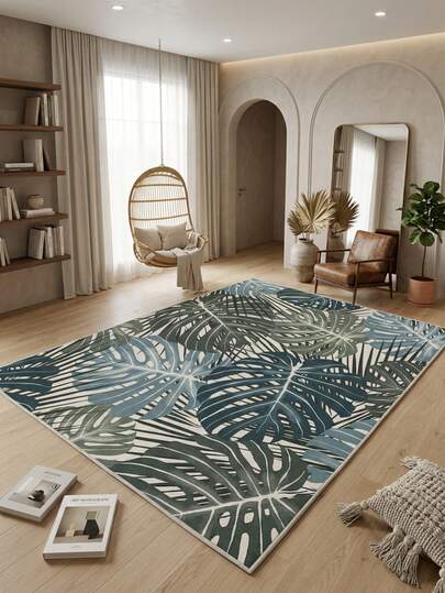 1 pieza Alfombra de área con estampado de hoja de Monstera & Palma en azul agua & crema, estilo tropical moderno de cachemira sintética rectangular con patrón de hojas de plantas entrelazadas, lavable a máquina, adecuada para sala de estar, dormitorio, balcón y decoración del hogar