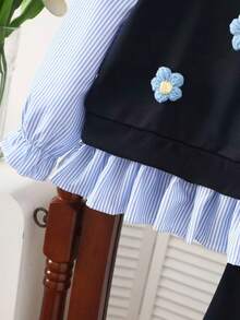 Young Girls Autumn/Winter 3D Floral Blue Striped Patchwork 2 In 1 Top + Knitted Flare Pants Casual Set - Blue - View 7