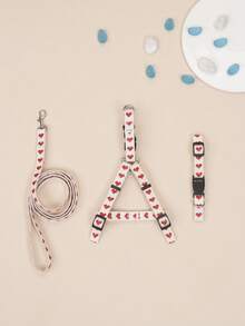 1 Set Cute Polyester Heart Pattern Collar Harness Leash Set, Suitable For Small Teddy Bear Outdoor Use (Not Suitable For Large Dogs) - Red and White - View 9