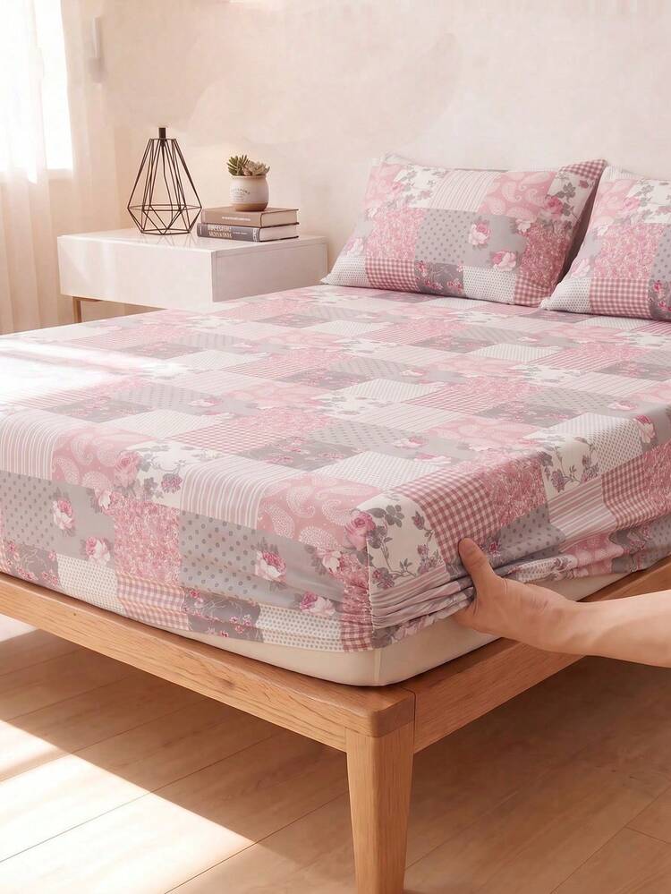 2/3 Piece Pink Rose Plaid Paisley Pattern Fitted Sheet Set, No Filling, Breathable Comfortable Bedding For Bedroom, Includes 1 Fitted Sheet And 1/2 Pillowcases, Back To School Dorm Bedding Set - Pink - View 1