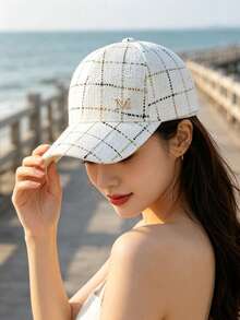 1pc Women's Fine Glitter Line Plaid M Baseball Cap, Sun Protection Duck Bill Hat For Commuting, Street, Travel, Hiking, Fishing, Driver And Gift - White - View 3