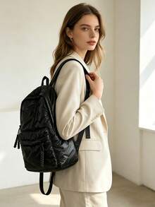 Mochila clásica de moda para estudiantes, nuevo estilo universitario elegante, diseño de patrón de rombos de unicolor, mochila de gran capacidad con múltiples bolsillos, adecuada para viajes y vacaciones, opción ideal para uso en el campus durante las clases. Viajes de corta distancia - Negro - Ver 5
