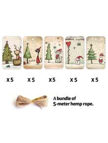 1/25/50pcs Cute Christmas Gift Tags With Jute Rope, Fantasy Holiday Design, Featuring Bear, Reindeer, Christmas Tree, Angel And Dog, Holiday Paper Party Gift Labels, Suitable For Christmas Gifts, Gift Wrapping And DIY Crafts - Multicolor - View 7