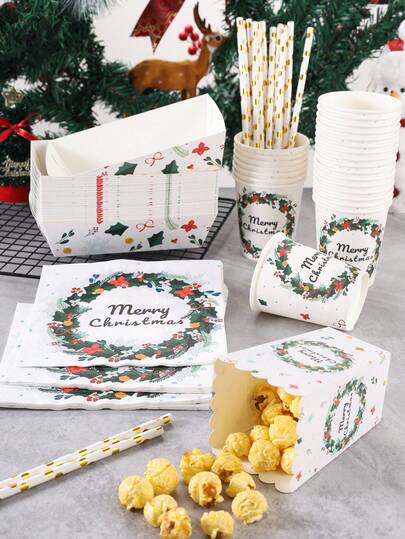 10/24pcs Holly Wreath & Berry Print Disposable Paper Tableware Set, Includes Paper Cups, Napkins, Popcorn Food Boxes And Straws, Suitable For Christmas Party, Winter Theme Party, Family Gathering, Holiday Celebration Decoration