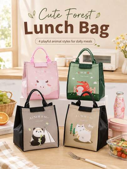 Cute Animal Forest Cartoon Lunch Bag, Portable Large Capacity Meal Tote Bag, Student Campus Office Travel Picnic Use, Cute Pattern With Handle Reusable Lunch Storage Bag, Daily Outdoor Dining Accessory
