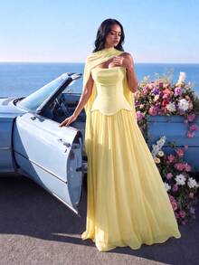 Gaun Formal Maxi Chiffon Tanpa Lengan dan Tanpa Tali Bahu Elegan untuk Wanita dari UNITHORSE - Kuning - View 4