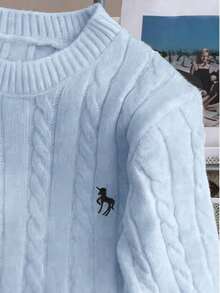 Autumn/Winter Casual Embroidered Crew Neck Cable Knit Sweater For Women, New Loose Fit Cardigan Fall - Sky Blue - View 4