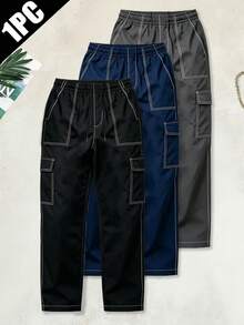 Men's Contrast Stitching Cargo Pants, Elastic Drawstring Waist, Multi-Pockets, Straight Leg, Black Casual Long Pants, Sports Autumn Style - Black - View 5