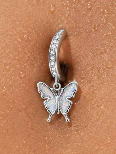 1pc Stainless Steel Beach Vacation Style Butterfly Belly Button Ring, Luxury Elegant Piercing Jewelry, Fashion Personalized Jewelry Gift Suitable For Daily Wear, Perfect Party And Holiday Gift, Versatile Accessory For Women's Casual And Vacation Outfits